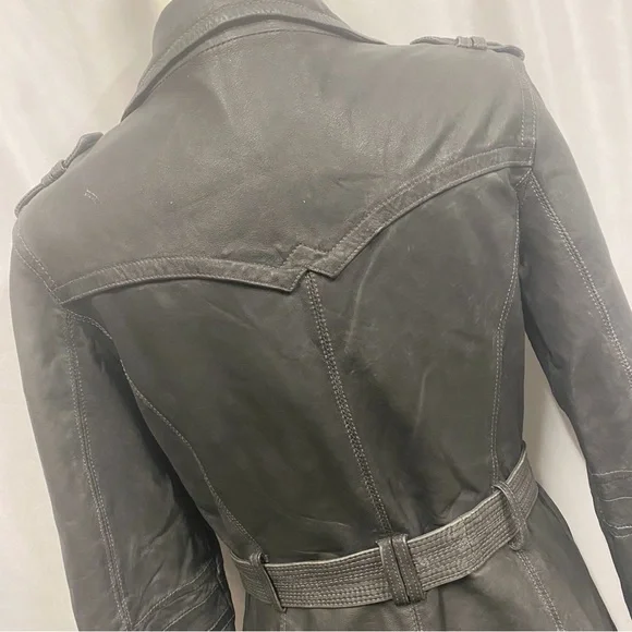 Dick & Jayne Charcoal Gray/Black Genuine Leather Belted Trench Coat - Picture 8 of 11